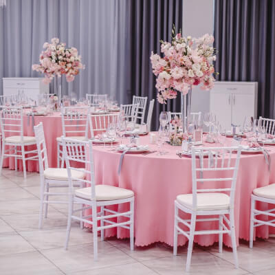 Pink & White Party Decor With Tablecloth, Favor Box, Ribbon, Chair Pad, Mirror, Vase, & Flowers