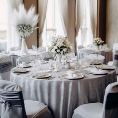 All-White Wedding Decor With Tablecloth, Chairs Covers, Chargers, Napkins, Feathers, & Flowers