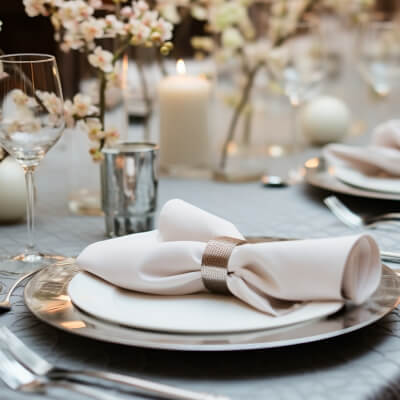 Chic Table Decor With Tablecloth, Fish Net, Chargers, Napkin, Napkin Ring, Candle Holders, & Flowers