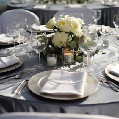 Alluring Wedding Tablescape With Tablecloth, Napkins, Cutlery, Candles, Candle Holders, & Flowers