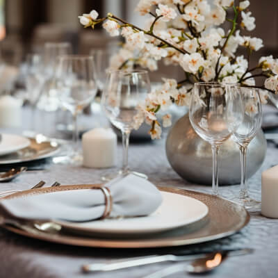 Beautiful Tabletop Decor With Cherry Blossoms, Chargers, Napkins, Napkin Rings, Candles, & Cutlery