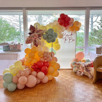 Blissful Bridal Shower Party Backdrop Decor With Backdrop Stands, Covers, Dry Plants, & Balloons