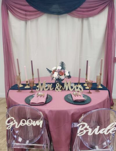 Magical Table Décor With Tablecloth, Runner, Candles, Flowers, Vase, Chargers, Napkins, & Drapes