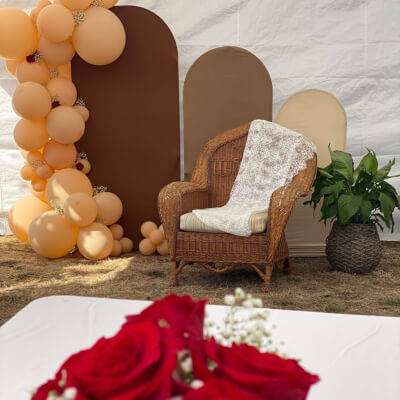 Rustic Event Backdrop Décor Using Stands, Covers, Balloons, & Flowers