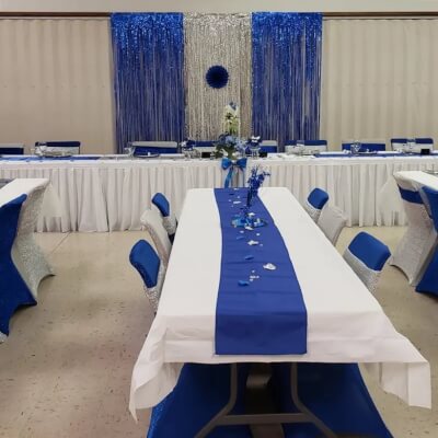 Classy Event Table Décor Using Table Cloths, Runners, Drapes, Chair Covers, Sashes, Vases, & Flowers