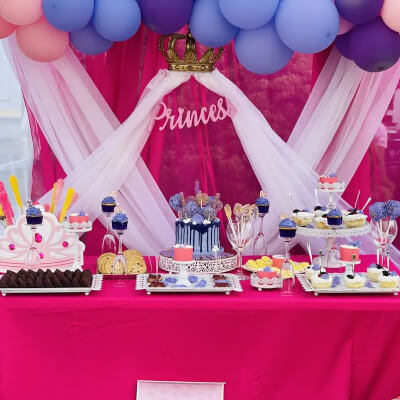 Vibrant Princess Themed Birthday Party Décor With Drapes, Balloons, Stands Trays, Glasses, & Treats 