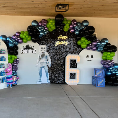 Lively 6th Fortnite Birthday Backdrop Décor Featuring Stands, Balloons, Neon Lights, & Number Lights