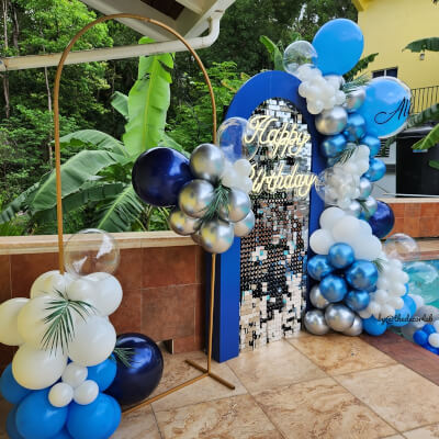 Vibrant Birthday Party Backdrop Décor With Stands, Drapes, Balloons, & Neon Lights