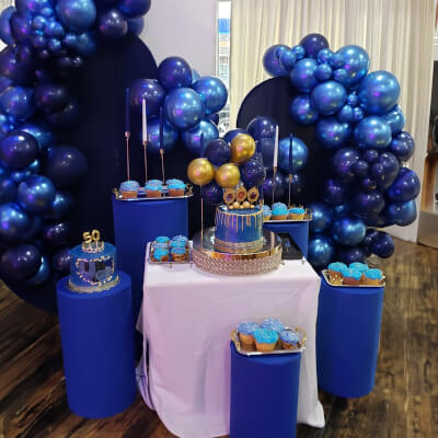 Classy 50th Birthday Party Table Decoration With Balloons, Stands, & Treats