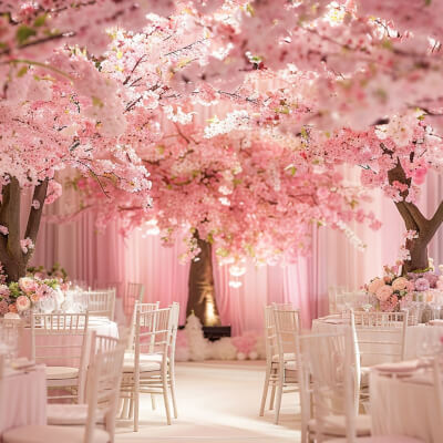 Enchanted Blossom Banquet Featuring Pink Table Covers, Elegant Dinnerware, and Blossoming Trees.