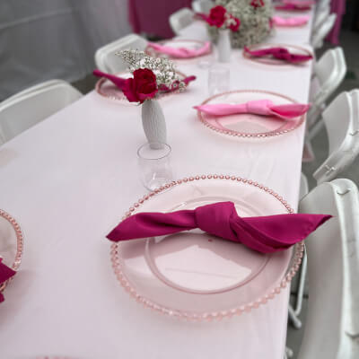 Chic Party Tablescape Using Table Cover, Chargers, Napkins, Vases, & Flowers