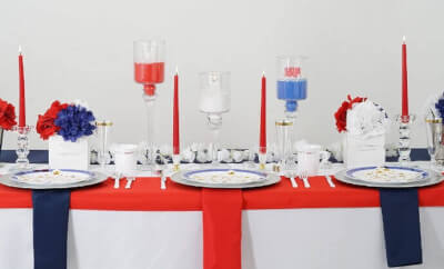 Majestic Memorial Day Table Setup With Tablecloth, Runner, Napkins, Flowers, Candles, Vase & Fillers