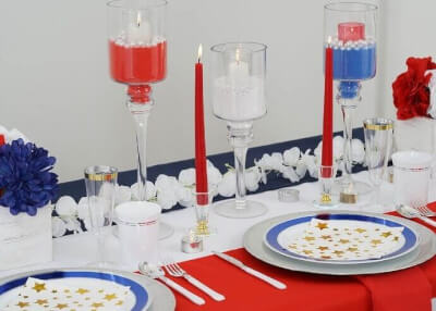 Memorial Day Tablescape With Tablecloth, Runner, Candles, Napkins, Chargers, Candle Holders & Floral