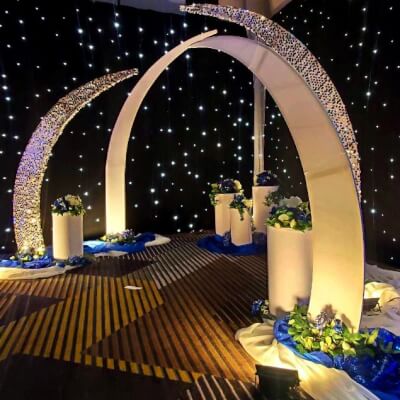 Gold Metal Half Crescent Moon Wedding Arch Flower Stand, Curved Arbor Balloon Frame 8ft