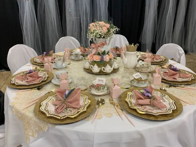 Romantic Blush & White Tablescape With Gold Accents, Floral Dinnerware & Delicate Guest Favors