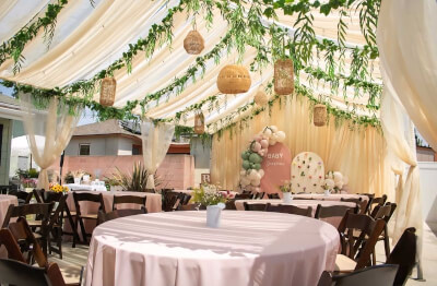 Dreamy Baby Shower Decor With Drapes, Balloon Arch Backdrop & Soft Pink Tablescape