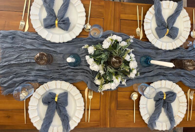 Refined Rustic Tablescape With Gray Accents, Gold Details & Lush Greenery Centerpiece