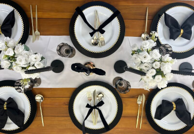 Chic Black & White Tablescape With Gold Accents, White Florals & Modern Candlelit Details