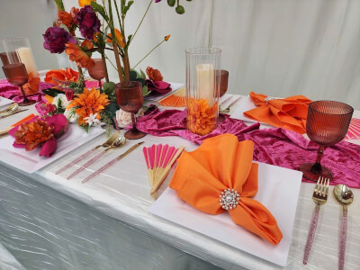 Bold Summer Tablescape with Colorful Napkins, Crinkle Taffeta Linens, and Vibrant Florals