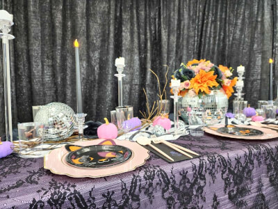 Modern Glam Tablescape with Lace Overlay, Disco Ball Accents, and Crystal Candleholders