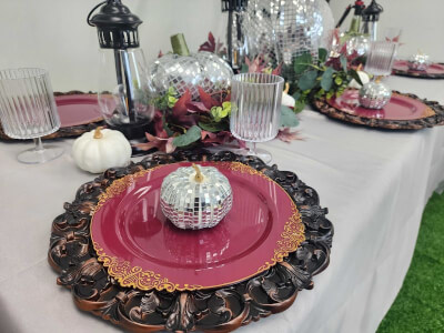 Celebrating Fall with Burgundy Plates, Ornate Chargers, and Elegant Harvest Accents