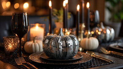 Glam Halloween Table with Disco Pumpkins, Black and Gold Dinnerware, and Glowing Candlelight Accents