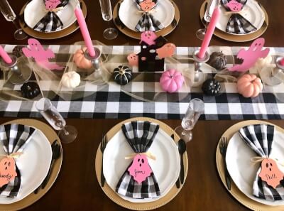 Ghostly Fun Tablescape with Place Cards, Buffalo Plaid Runner, Napkins, and Pumpkin Accents