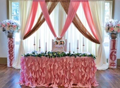 Romantic Sweet 16 Elegance with Pink Willow Table Skirt, Draped Backdrop, Floral Centerpieces, and C