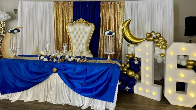 Starry Night Sweet 16 with Blue and Gold Tablescapes, Backdrop, and Light-Up Décor