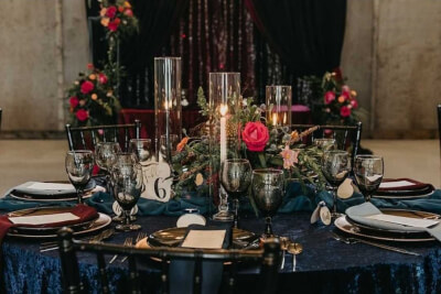 Luxury in Bold Hues with Velvet Table Covers, Candlelit Centerpieces and Lush Floral Arrangements