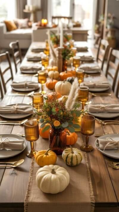 Elegant Fall Table Setting with Warm Tones, Burlap Runner & Pumpkin Accents