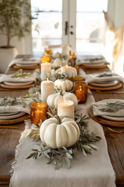 Cozy Harvest-Inspired Table Décor with Burlap Runner, Amber Votives & Pumpkin Accents