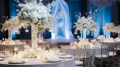 Icy Glam Wedding Reception with White Floral Centerpieces, Blue Drapes & Candles