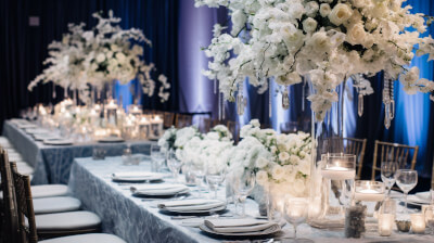 Winter Luxe-Inspired Reception with Blue Tones, Tall Floral Centerpieces & Clear Vases