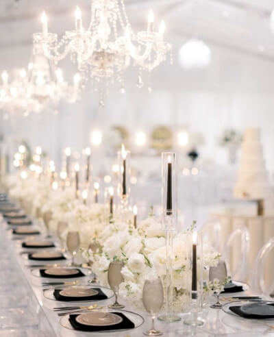 Black & White Luxury Vibes with Chic Dinnerware, Floral Centerpiece & Taper Candles