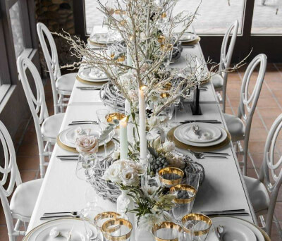 Frosted White Tablescape with Chic Minimal Dinnerware, Tree-Inspired Centerpiece & Tall Candles