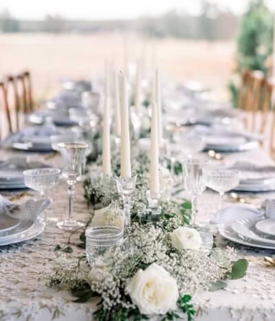 Classic Garden-Inspired Table with Lace Tablecloth, Taper Candles and Floral Accents