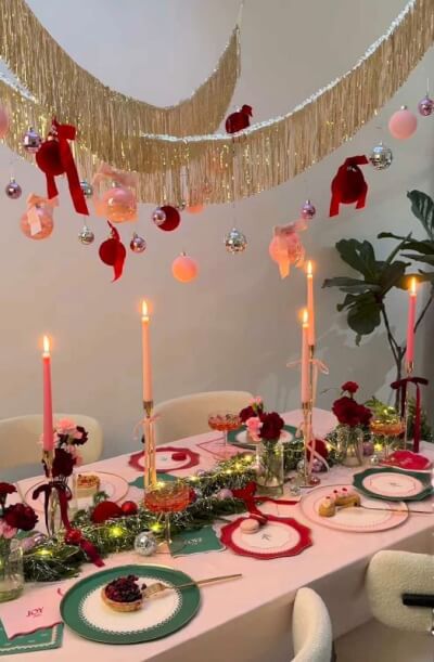 Glam Christmas Table with Metallic Fringe, Hanging Ornaments & Candlelight