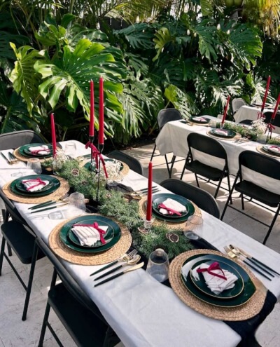 Holiday Alfresco Dining with White Linens, Green Plates & Woven Chargers