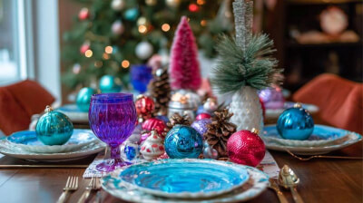 Playful Holiday Tablescape with Bright Dinnerware, Colorful Ornaments & Pinecone Details