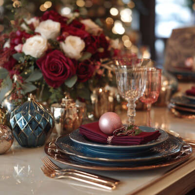 Elegant Christmas Tablescape with Jewel-Toned Plates, Burgundy Napkins & Floral Centerpiece