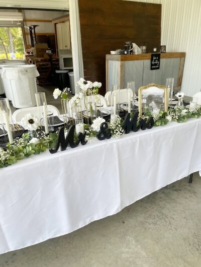 Classic Monochrome Wedding Table with White Linens, Florals & “Mr & Mrs” Sign Accent