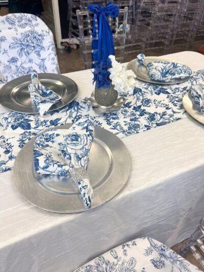 Blooming Blue & White Floral Toile Tablescape with Elegant Napkins, Chargers and Silver Accents