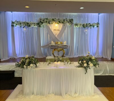 Dreamy All-White Wedding with Draped Backdrop, Flowing Linens, Garden-Style Florals & Mood Lighting