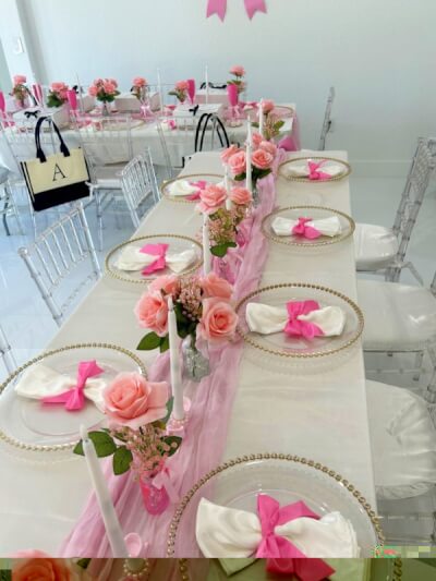Romantic Pink Party Décor with Chiffon Runners, Floral Accents, Beaded Plates & Bow Details
