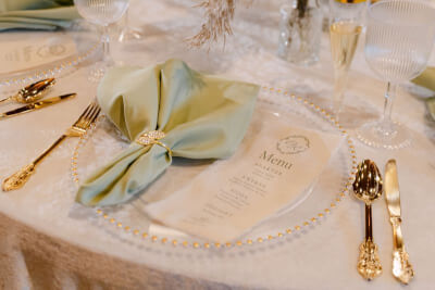 Luxe Sage and Gold Tablescape with Beaded Chargers, Baroque Cutlery, Napkin & Clear Glassware